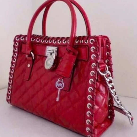 MICHAEL KORS HAMILTON HIPPIE GROMMET DARK RED QUILTED LEATHER SATCHEL BAG - Picture 3 of 14